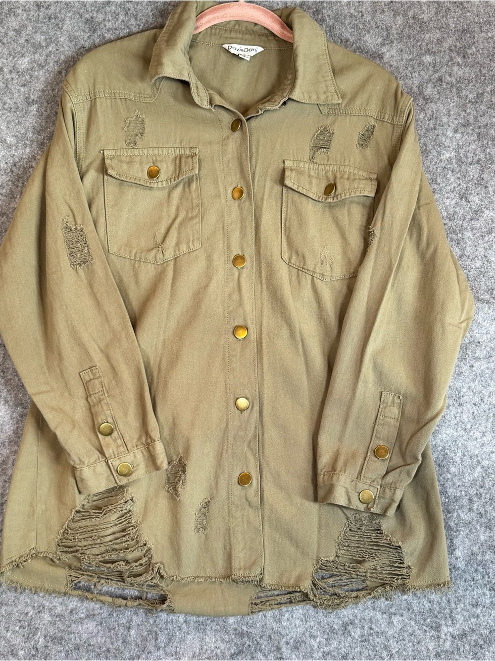 DAVI & DANI Distressed Olive Utility Jean Jacket - Small